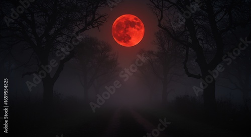 A blood moon hangs over a dark road framed by silhouetted trees in a foggy environment