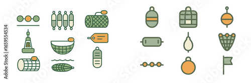 Fishing Tackle and Gear Icons, Minimalist flat design