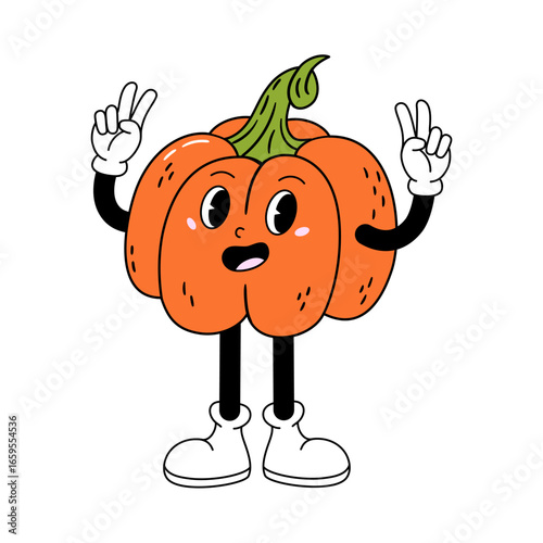 Groovy pumpkin character stands with arms raised making peace signs. Hand drawn vector illustration in modern retro style.