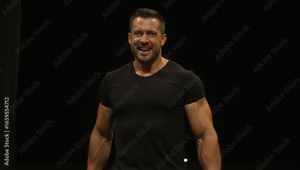 Fototapeta premium A muscular man in a black t-shirt, displaying a confident and enthusiastic expression, stands against a stark black backdrop.