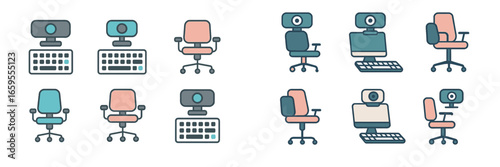 Chairs and Computer Workstations with Webcams, Minimalist flat design