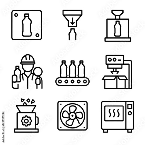 Pet Industry Icon Set. Outline icon set of PET industry equipment: injection mold, extrusion die, blow molding machine, conveyor