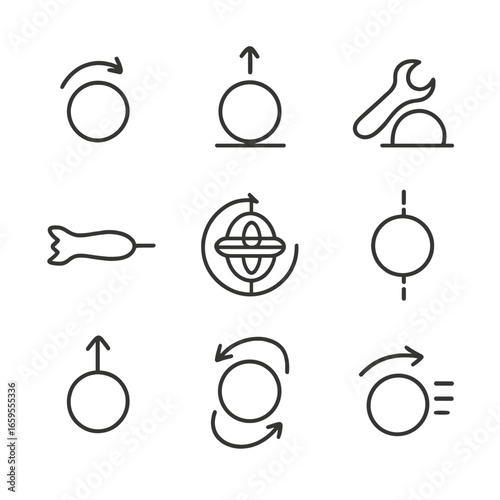 Physics Spin Icons. Outline icon set of physics of spin: angular momentum, rotational velocity, torque, centrifugal force,