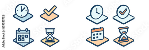 Time Management Icons: Clock, Calendar, Hourglass, Checkmark