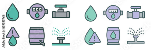 Water supply icons: drops, meters, valves, barrels, sprinklers