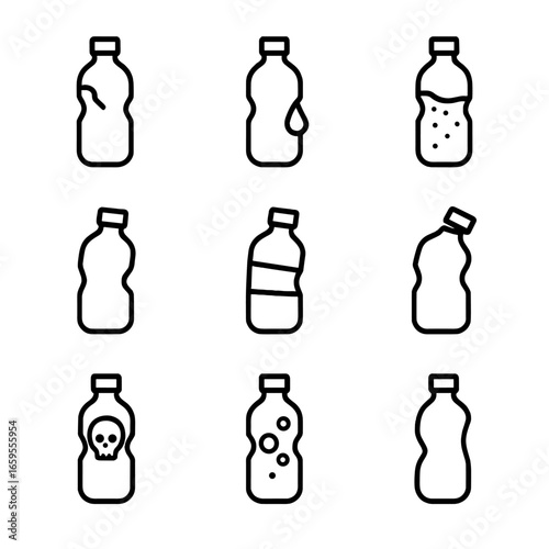 Plastic Bottle Defects. Outline icon set of plastic bottle defects: cracks, leaks, discoloration, warping, label peeling, cap