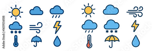 Weather icons representing sun, rain, and wind in flat style design