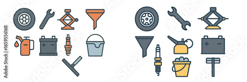 Variety of vehicle repair tools and accessories in vector illustration