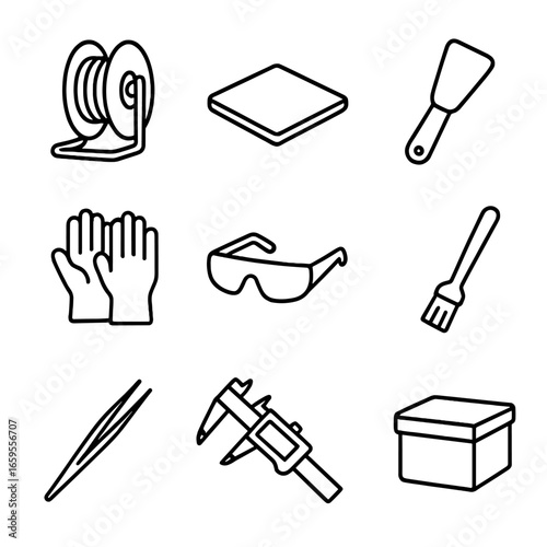 3D Printing Icons. Outline icon set of 3D printing accessories: filament spool holder, build plate, scraper tool, gloves, safety