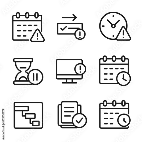 Project Delay Icons. Outline icon set of project delay: calendar with exclamation, postponed task, clock with warning, hourglass