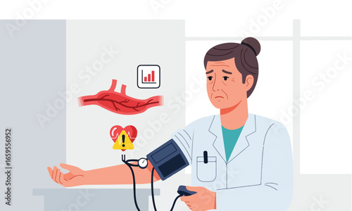 Illustration Of Woman Measuring Hypertension Suitable For Healthcare Posters, Awareness Campaigns, And Medical Consultations