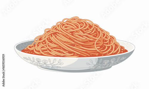 A generous serving of spaghetti with tomato sauce piled high on a decorative plate, presented in a vector illustration for culinary enthusiasts and food lovers