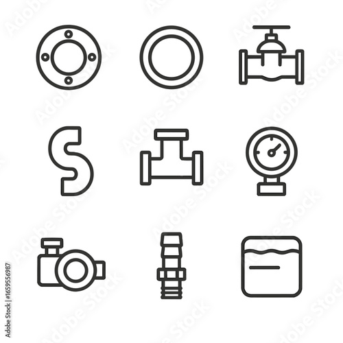 PVC Industrial Icons. Outline icon set of PVC industrial parts: pipe flange, gasket, valve housing, ducting, pipe fitting,