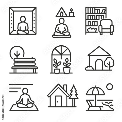 Quiet Zone Icon Set. Outline icon set of quiet zones: soundproof room, meditation corner, library, park bench, indoor garden,
