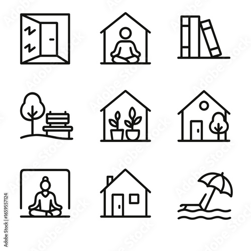 Quiet Zone Icon Set. Outline icon set of quiet zones: soundproof room, meditation corner, library, park bench, indoor garden,