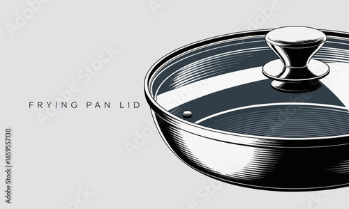 Detailed illustration of a frying pan lid with glass top and handle showcases kitchenware design and culinary equipment