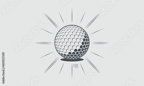 Golf ball with rays and the word "FORE" illustration for golf enthusiasts and sports themes with a clean and minimalist design