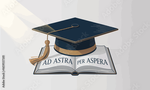 Graduation cap resting on an open book displaying "Ad Astra Per Aspera" symbolizing achievement and perseverance, rendered in a detailed illustration style