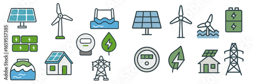 Energy sources and sustainable icons for environmental awareness