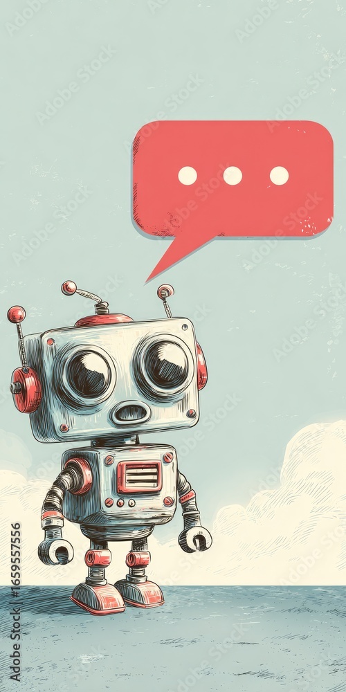 Fototapeta premium Retro robot with speech bubble, appearing curious