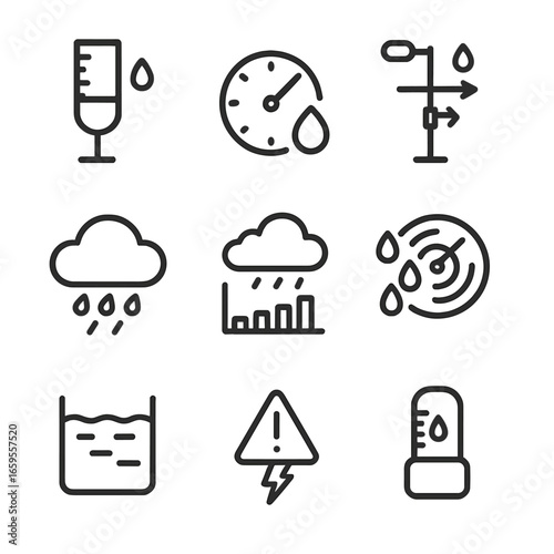 Rain Measurement Icons. Outline icon set of rain measurement: rain gauge, barometer, weather station, cloud with raindrops,