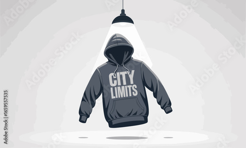 Illustration of a floating hoodie with the text City Limits under a spotlight against a neutral background, creating an edgy and urban vibe