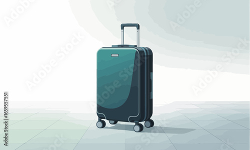 Illustration of a teal suitcase with a handle and wheels, sitting on a tiled floor in a bright setting, perfect for travel