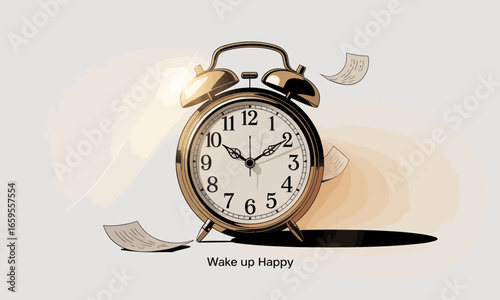 Illustration of a Gold Alarm Clock Ringing with Flying Papers and the Text Wake up Happy, Promoting Time Management and a Positive Start to the Day