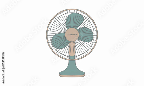 Illustration of a vintage-style electric fan with rotating blades and a cool breeze message, perfect for summer season and indoor comfort