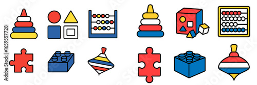 Colorful vector art of kids' educational toys and games
