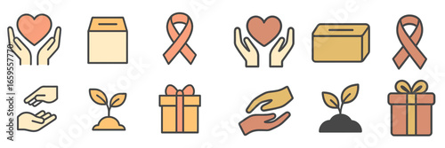 Charity symbols vector illustration with hands, hearts, and gifts