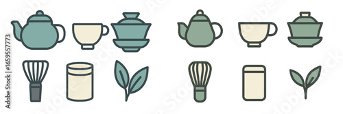 Teapots and tea accessories in a minimalist vector illustration