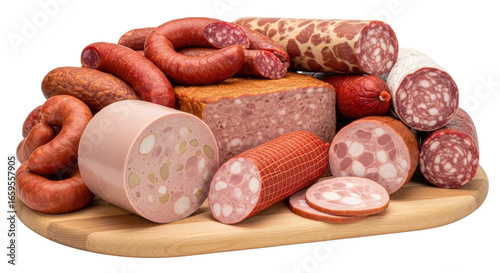 Foto Isolated assortment of sausages on wooden board