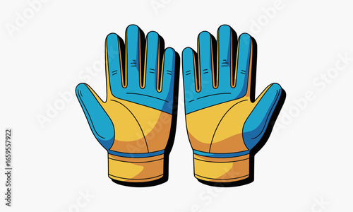 Pair of goalkeeper gloves with blue and yellow design for sports equipment illustration, perfect for athletic training and competitive play