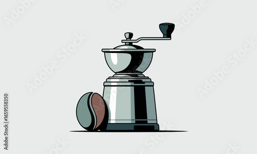 Vector illustration of a manual coffee grinder with a coffee bean next to it in a minimalist style with clean lines and a neutral background for graphic design