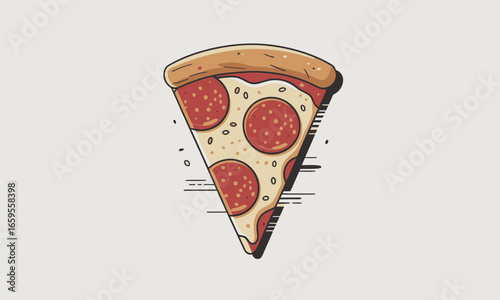 Vector illustration of a triangular slice of pepperoni pizza with melted cheese and a thick crust on a neutral background, perfect for food lovers and pizza enthusiasts