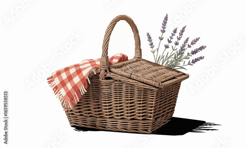 Wicker picnic basket with a red checkered blanket and lavender flowers, casting a shadow evoking summertime leisure and outdoor dining in a serene setting