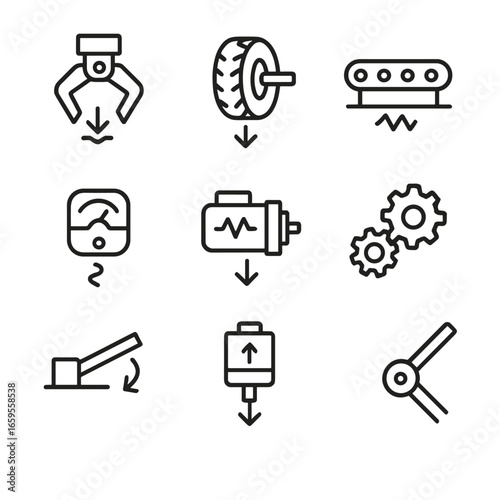 Robotic Friction Icons. Outline icon set of friction in robotics and automation: robotic gripper, wheel traction, conveyor