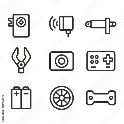 Robotic Icons Grid. Outline icon set of robotic components: servo motor, sensor, actuator, gripper, camera, controller, battery