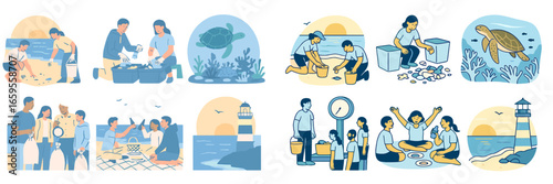 Community members engage in marine conservation activities at sunset