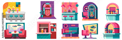 Retro diner vector illustrations showcasing unique interior designs
