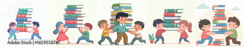 Whimsical Illustration of Children Helping Carry Big Stack of Books Together
