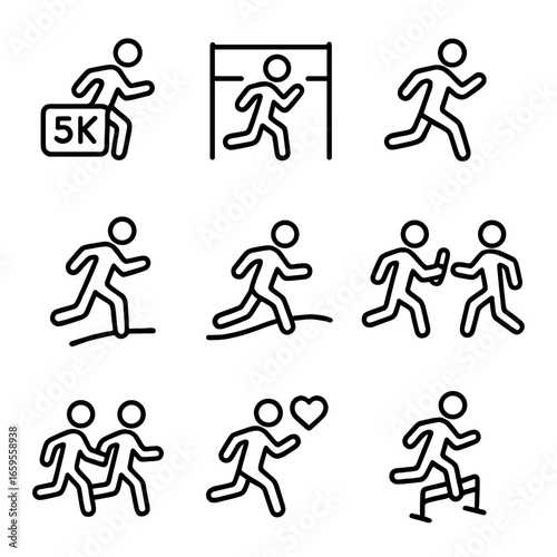 Running Event Icons. Outline icon set of running events: 5k race, 10k race, half marathon, full marathon, ultramarathon, relay