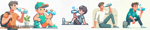 Cartoon Style Various Poses of Person Drinking Water Bottle Illustration Set