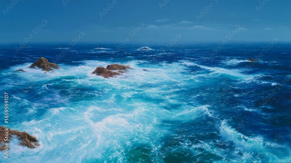 Fototapeta premium Majestic ocean waves crash against rocky shore. Artificial intelligence image