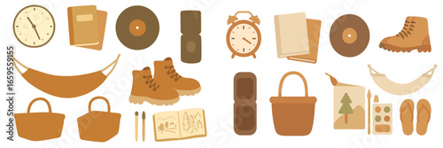 Collection of outdoor camping and adventure equipment in vector style