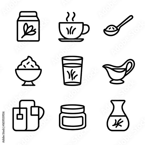 Saffron Icon Set. Outline icon set of saffron uses: cooking spice, tea cup, seasoning spoon, dessert bowl, saffron milk, golden