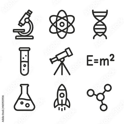 Scientific Icons Set. Outline icon set of scientific revolution: microscope, atom, DNA helix, test tube, telescope, formula, lab