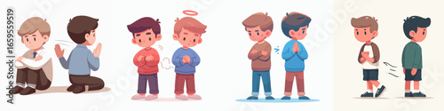 Cartoon Style Illustration Depicting Different Scenarios of Boy Conflict and Reconciliation