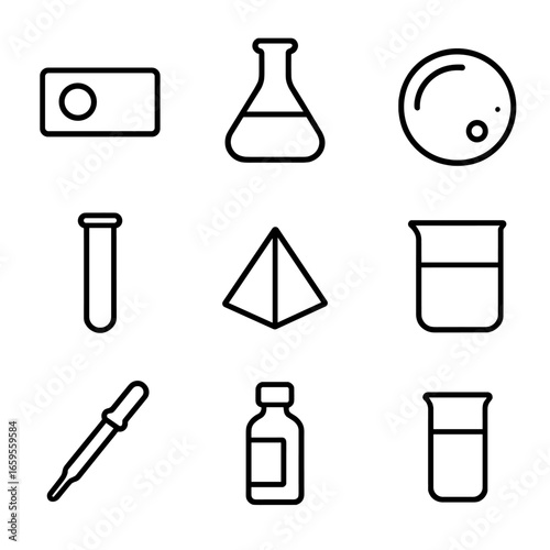 Scientific Tool Icons. Outline icon set of transparent scientific tools: microscope slide, glass flask, petri dish, test tube,